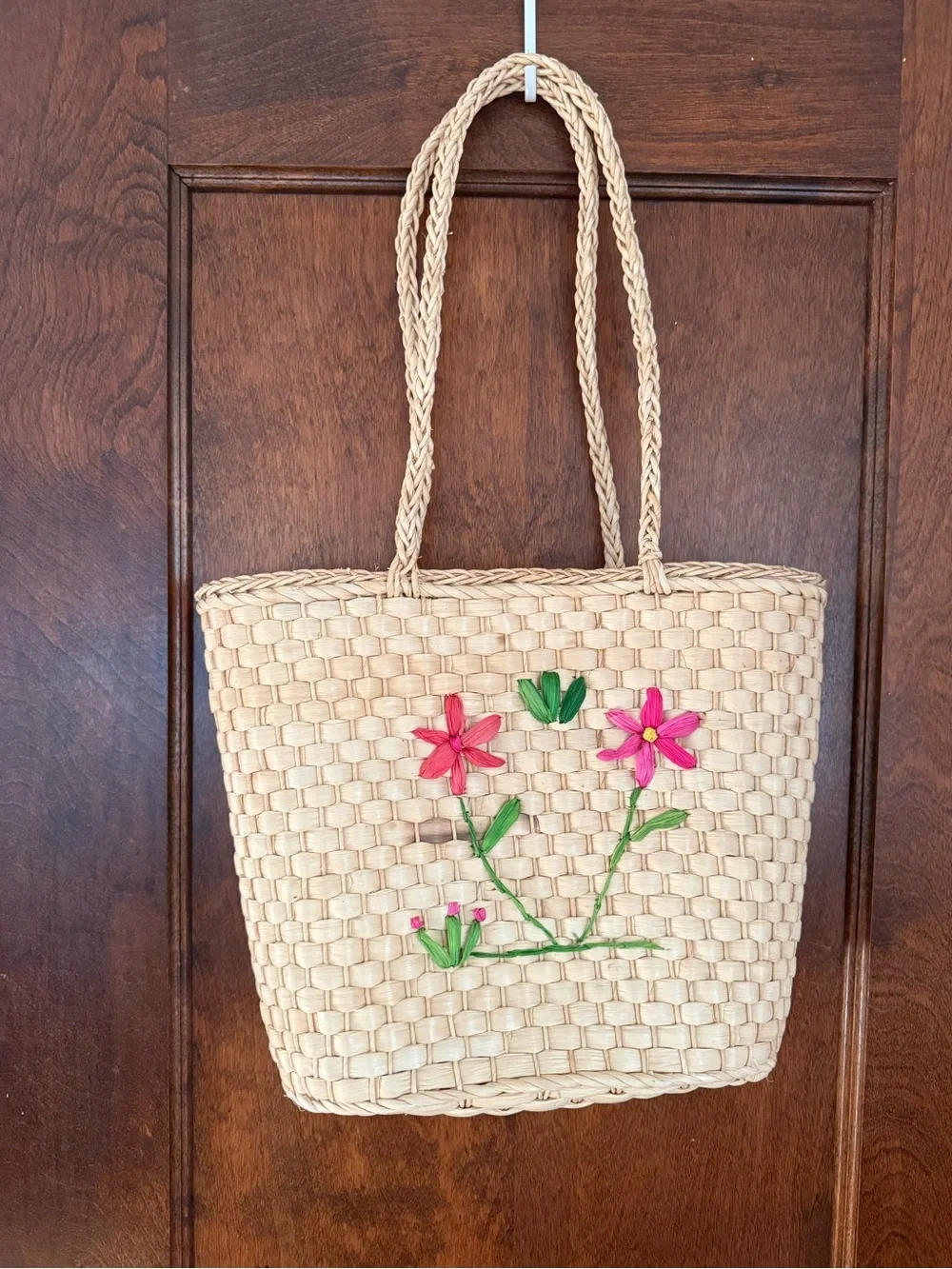 Woven Straw Tote Bag with Pink Floral Embroidery